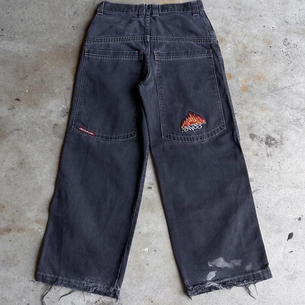 ultra rare 90s ‘Flame JNCO Patch’ Jeans, distressed Grail pair